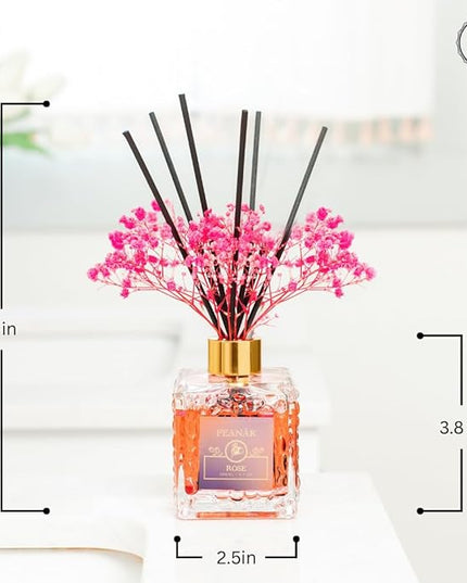 PEANÄK Reed Diffuser Set - Rose Honey Fragrance 6.7oz (200 ml) - Real Preserved Flowers & 8 Reed Sticks for Bathroom Shelf Decor Home Diffuser & Office Scent with Long Lasting Gift Scent