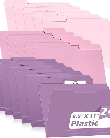 24 Pack Colored File Folders Plastic Purple File Folders Letter Size 1/3 Cut Tabs File Folder Sticky Labels Manila File Folders 8.5 x 11 for Documents Office School Organizer(8 per color) (24, Purple)
