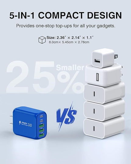 (2-Pack) 60W USB C Wall Charger Block, 5-Port C Charger Fast Charging Block PD Power Adapter +QC 3.0 Multiport Type C Box Brick Cube USB A Wall Plug for iPhone 15/16/17 Pro Max,Samsung (Dark Blue)