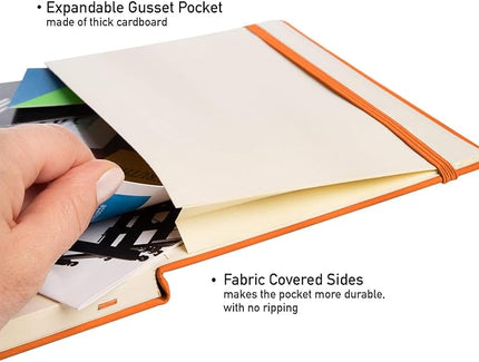 Simply Genius A5 Dotted Hardcover Notebook - Compact Travel Journal - Durable Hardcover Journal with Flat-Lay Binding - Gusseted Pocket & Elastic Band Notebook Set - 4-Pack, 192 pg, 5.7x8.4 in, Orange