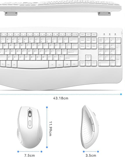 Ergonomic Keyboard and Mouse Combo, Full Size Cordless Computer Keyboard with Palm Wrist Rest Ergonomic Mouse for Windows Computers Laptops - White