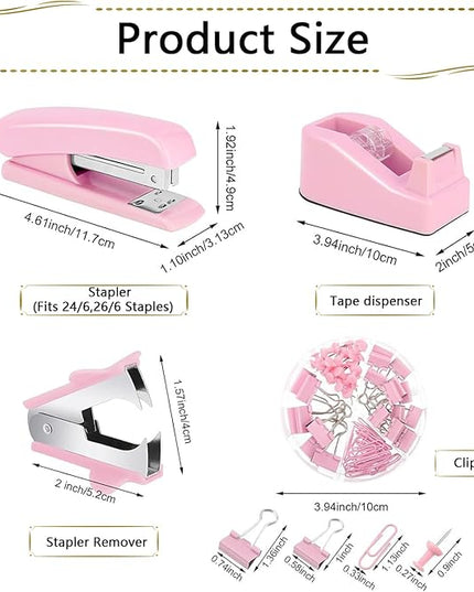 Office Supplies,Desk Accessories, Stapler and Tape Dispenser Set for Women with Stapler, Tape Dispenser, Staple Remover, Staples, Clips, Scissor and Tabs,Gift for Students, Coworkers