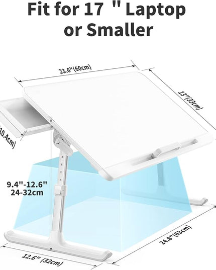 SAIJI Laptop Bed Tray Table, Adjustable PVC Leather Laptop Bed Table, Portable Standing Desk with Storage Drawer, Foldable Lap Tablet Table for Sofa Couch Floor (Large,White)