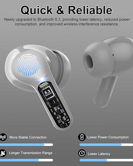 Wireless Earbuds, Bluetooth 5.4 Headphones HiFi Stereo, Bluetooth Earbuds with ENC Noise Cancelling Mic, IP7 Waterproof in Ear Earphones, 48H, LED Display Ear buds for Pad Workout Sports, Grey