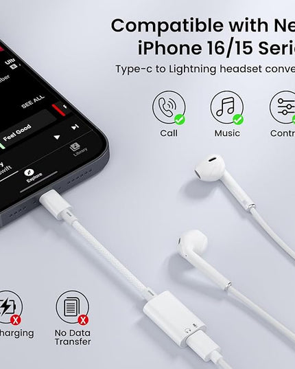 USB C to Lightning Headphone Audio Adapter, USB C Male to Lightning Female Earbuds Audio Adapter Compatible with iPhone 17/16/16e/15 Plus/Pro/Max, iPad Pro, iPad Air 6/5, MacBook (No Charge)[100 Pcs]
