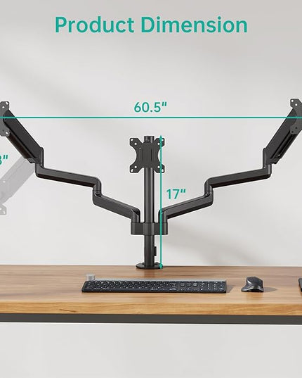 WALI Triple Monitor Mount for 13-27 inch Screens, Adjustable 3 Monitors Desk Mount with Swivel, Tilt, Clamp & Grommet Kit, Gas Spring Arm Triple Monitor Stand, VESA 75x75/100x100mm (GSDM003), Black