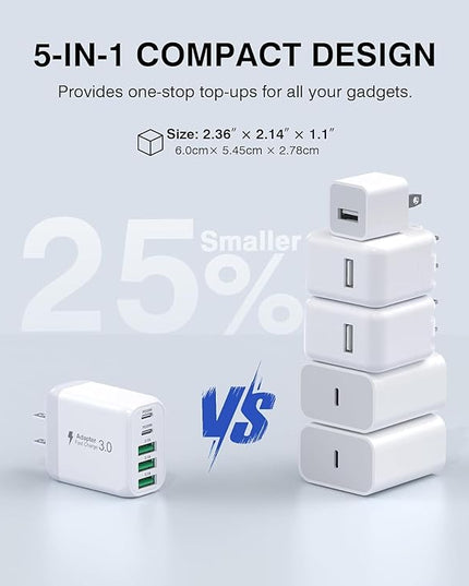 60W USB C Wall Charger Block, 2Pack 5-Port C Charger Fast Charging Block PD Power Adapter+QC 3.0 Multiport Type C Box Brick Cube USB A Wall Plug for iPhone 15/16/17 Pro Max Plus, iPad,Galaxy S24/S23