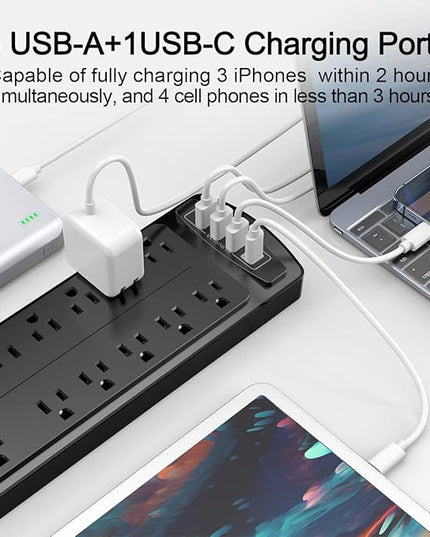 Power Strip, ALESTOR Surge Protector with 12 Outlets and 4 USB Ports, 6 Feet Extension Cord (1875W/15A), 2700 Joules, ETL Listed, Black