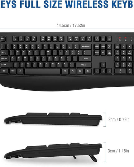 EDJO Wireless Keyboard, 2.4G Ergonomic Full Size Wireless Computer Keyboard with Wrist Rest for Windows, Mac OS Desktop/Laptop/PC（Black）