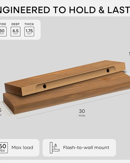 Homeforia 30 inch Golden Oak Floating Shelf, High End Solid Real Wood 30inch Small Floating Shelves for Wall Mounted, Oak Wooden 30in Floating Shelves, Heavy Duty Bracket, 30 X 6.5 X 1.75 in, Set of 3