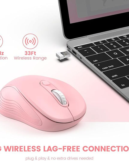 WisFox 2.4G Wireless Mouse for Laptop, Ergonomic Computer Mouse with USB Receiver and Type-C Adapter, 3 Adjustable Levels DPI, 6 Button Cordless Wireless Mice (Blush Pink)