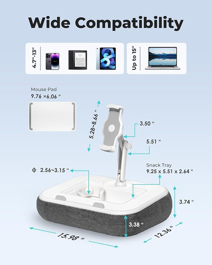 Viozon Kindle Pillow Stand Holder, Phone Holder for Bed, Laptop Lap Desk with Mouse Pad,Compatible with 4.7-13" Kindle/Tablet/Phone,10-15" Laptop, Snack Bowl&Cup Attachment&Detachable 360°Stand Arm