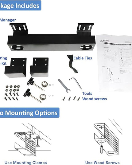 AEONS Under Desk Cable Management Tray Wire Cord Organizer Removable C Clamp Mount No Drill Computer Cord Raceway and Modesty Panel, Black, 16-inch