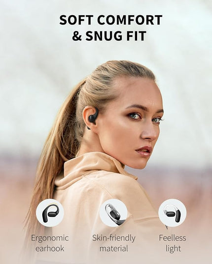 PSIER Open Ear Headphones Bluetooth 5.3 Bone Conduction Headphone, Soft Wireless Open Earbuds IPX6 Waterproof, Open Ear Earbuds with Premium Stereo Sound, 40H Playtime for Running, Cycling, Black