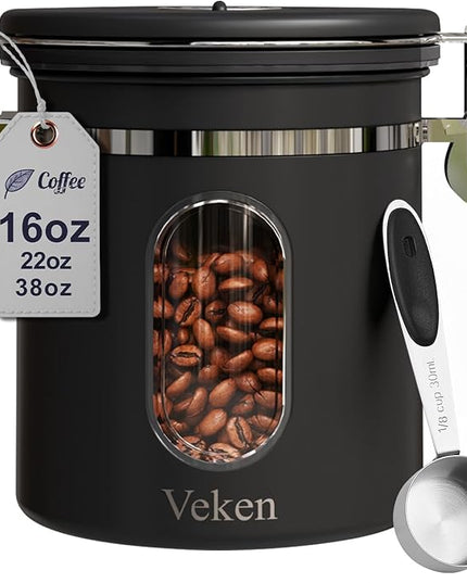 Veken Coffee Canister with Window, Airtight Stainless Steel Kitchen Food Storage Container with Lids, Date Tracker and Scoop for Grounds Coffee, Beans, Tea, Flour, Cereal, Sugar Jars, 16OZ, Black