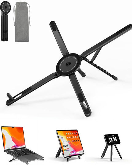 Viozon Portable Laptop Stand for Desk, Foldable Adjustable Computer Riser with Magnetic Phone Holder, Aluminum Laptop Stand for 10–16” Laptops & 4–13” Phones/Tablets (Black)