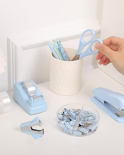 SKYDUE Blue Office Desk Accessories, Blue Office Supplies, Stapler, Tape Dispenser, Scissors, Clips and 1000pcs Staples,Desk Supplies for Women