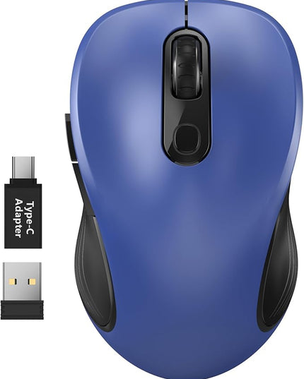 WisFox 2.4G Wireless Mouse for Laptop, Ergonomic Computer Mouse with USB Receiver and Type-C Adapter, 3 Adjustable Levels, 6 Button Cordless Wireless Mice for Windows Mac PC Notebook (Blue)