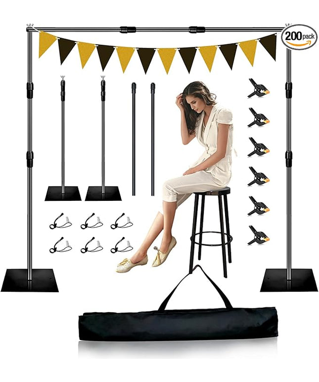Backdrop Stand, 8x10ft Metal Base Photo Studio Support System, Adjustable Backdrop Frame for Photography, Streaming, Wedding, Projector Screen, Tool Free Setup & Portable Carry Bag