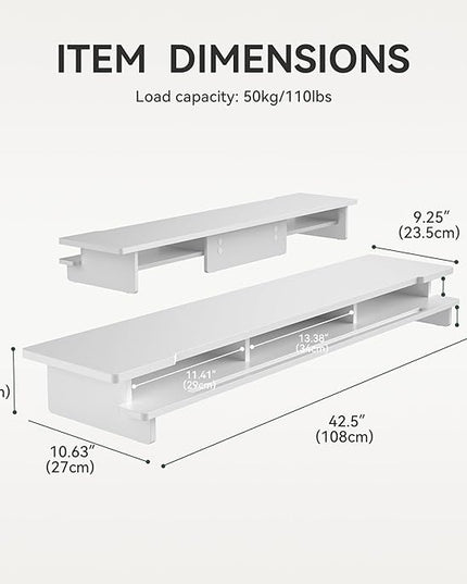 Monitor Stand Dual Monitor Stand Riser for Desk,Wood Desk Shelf Storage Organizer with Phone Tablet Holder (42.5 Inch, White)