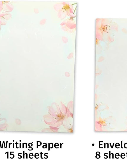 Japanese Cherry Blossom Stationery Paper and Envelopes Set, Made in Japan,15 Sheets, 8 Envelopes (Light Pink), Elegant Washi Paper for Writing Crafts,Gift