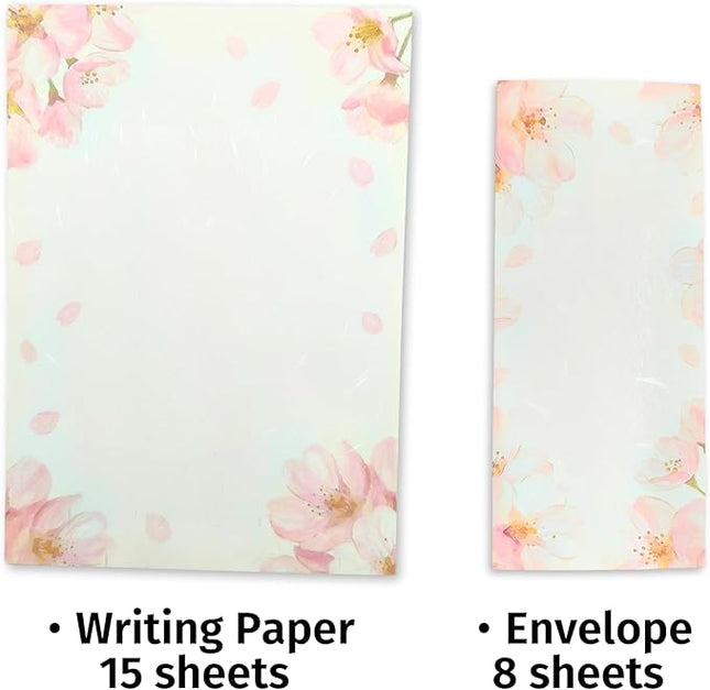 Japanese Cherry Blossom Stationery Paper and Envelopes Set, Made in Japan,15 Sheets, 8 Envelopes (Light Pink), Elegant Washi Paper for Writing Crafts,Gift