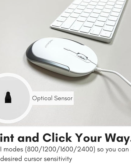 Macally Silent Wired Mouse - Slim & Compact USB Mouse for Apple Mac or Windows PC Laptop/Desktop - Designed with Optical Sensor & DPI Switch - Simple & Comfortable Wired Computer Mouse (White)