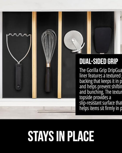 GORILLA GRIP DripGuard Shelf Liner, Non Adhesive Drawer and Kitchen Cabinet Protector, Slip Resistant BPA Free Smooth Surface Plastic Liners for Cabinets, Bathrooms, Closets, 17.5x120 Inch, Black