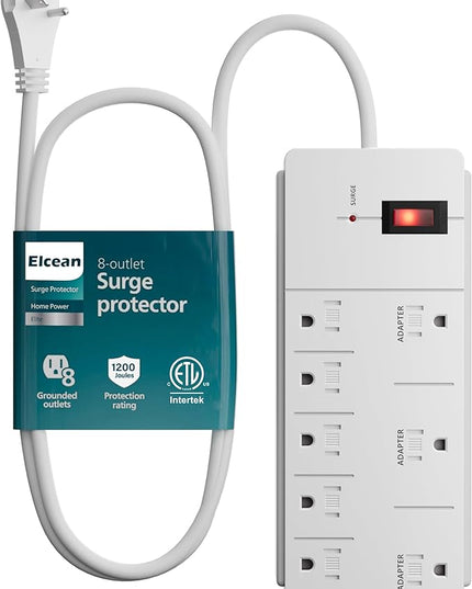 Elecan Surge Protector Power Strip with 4 Ft Extension Cord, 8 Widely Spaced Outlets with Safety Cover, 45 Degree Flat Plug Wall Mountable Multi Outlet Extender, Heavy Duty 14AWG, 1200J/125V,ETL-White