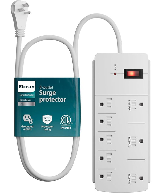 Elecan Surge Protector Power Strip with 4 Ft Extension Cord, 8 Widely Spaced Outlets with Safety Cover, 45 Degree Flat Plug Wall Mountable Multi Outlet Extender, Heavy Duty 14AWG, 1200J/125V,ETL-White