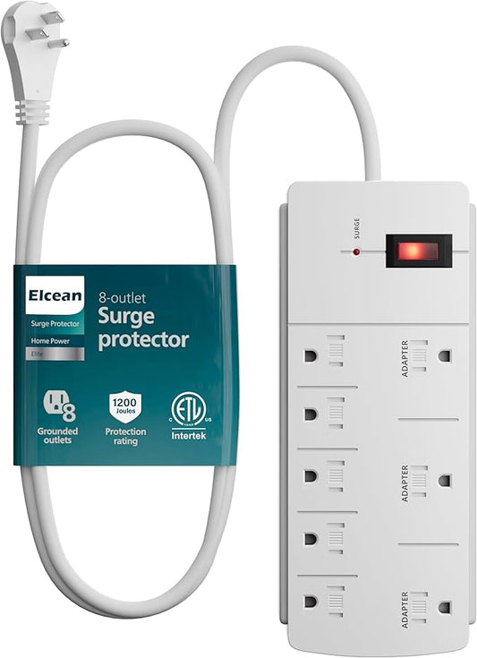 Elecan Surge Protector Power Strip with 4 Ft Extension Cord, 8 Widely Spaced Outlets with Safety Cover, 45 Degree Flat Plug Wall Mountable Multi Outlet Extender, Heavy Duty 14AWG, 1200J/125V,ETL-White