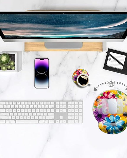 Ergonomic Mouse Pad with Wrist Support,Mouse Pad with Wrist Rest and Coaster Set,Office Supplies Non-Slip Mouse Pads for Desk, Non-Slip Comfortable,Colorful Floral