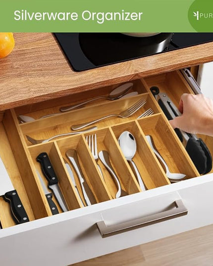 Bamboo Drawer Organizer, 2 Pack - Expandable Silverware Organizer & Utensil Drawer Organizer, Cutlery Tray with Dividers, 7-9 Slots- Premium Kitchen Organizer for Utensils & Flatware (Natural)