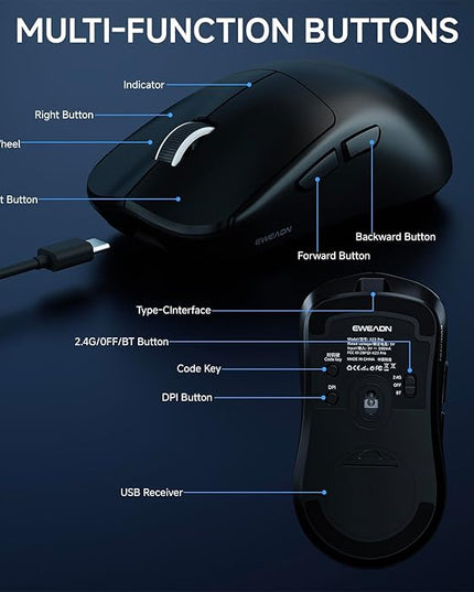 EWEADN X23Pro Wireless Gaming Mouse, PAW3311 Sensor, 49g Lightweight Mouse, 12000 DPI, 2.4G/BT5.0/USB-C Rechargeable Wireless Mouses with 6 Programmable Buttons for Laptop/PC/Mac, Black
