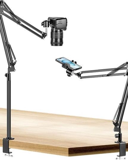 Overhead Camera Mount, Desk Camera Mount with 360° Adjustable Arm and Phone Holder for DSLR Cameras/iPhone/Webcam/Ring Light, Desk Phone Stand for Video Recording,Zoom Meeting,YouTube,TikTok