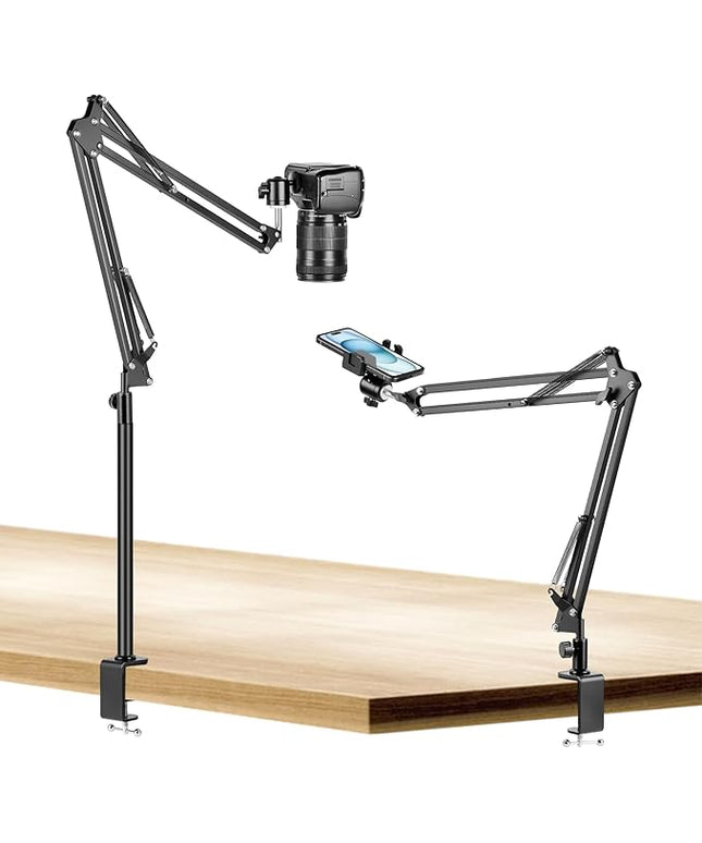 Overhead Camera Mount, Desk Camera Mount with 360° Adjustable Arm and Phone Holder for DSLR Cameras/iPhone/Webcam/Ring Light, Desk Phone Stand for Video Recording,Zoom Meeting,YouTube,TikTok