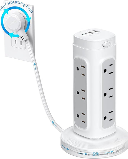 TROND Rotating Plug Power Strip Tower PD 20W - 5ft Retractable Extension Cord Surge Protector, 12 Outlets, 4 USB, 1700J Protection, Space Saving Home Office Desk Supplies, Dorm Room Essentials