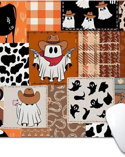 Ghost Cowboy Patchwork Halloween Square Mouse pad, Texture, Waterproof, Anti Slip Rubber Base, Computer Mouse pad, Laptop Mouse pad