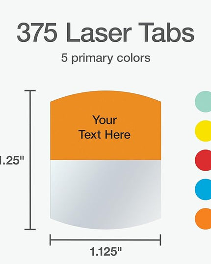 Redi-Tag Laser Printable Tabs, Permanent Index Tabs, Customizable Adhesive Labels, 5 Assorted Colors: Yellow, Red, Blue, Green, Orange, 1.125" x 1.25", 375 Per Pack (B39020)