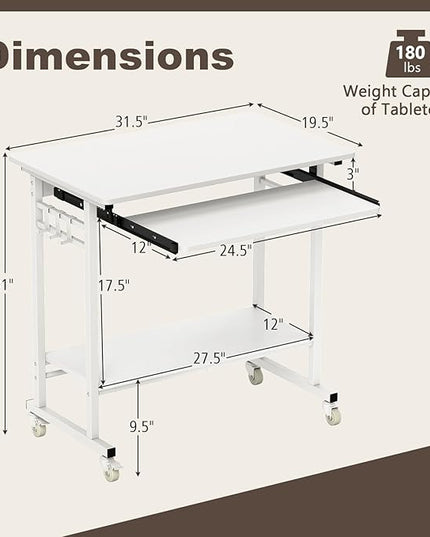 Tangkula Rolling Computer Desk Cart with Keyboard Tray, Mobile Portable Laptop PC Desk with CPU Stand & 3 Hooks for Sofa & Bed, Industrial Small Desk on Wheels for Small Spaces (White)