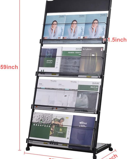 floor magazine rack brochure display stand for offices and public reception area，literature rack with 4 Universal wheels (59"×27"×14")