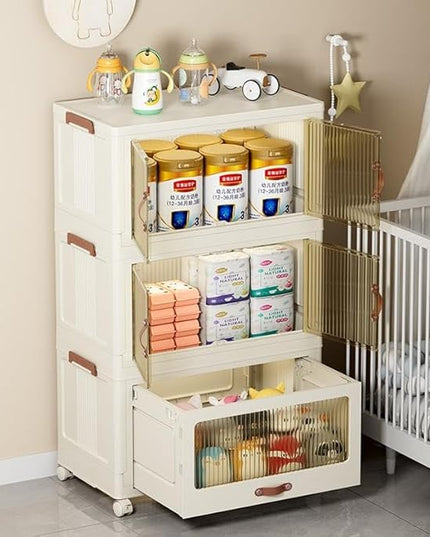 Transparent Opening Lid Indoor Storage Cabinet with Wheels, 3-Layer Medium Size Organizer for Home Decor, Baby-Safe Plastic Storage Cupboard for Living Room Bedroom Office