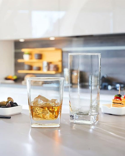 Collins Everyday Drinking Glasses Set of 16 Drinkware Kitchen Glasses for Cocktail, Iced Coffee, Beer, Ice Tea, Wine, Whiskey, Water, 8 Tall Highball Glass Cups & 8 Short Old Fashioned
