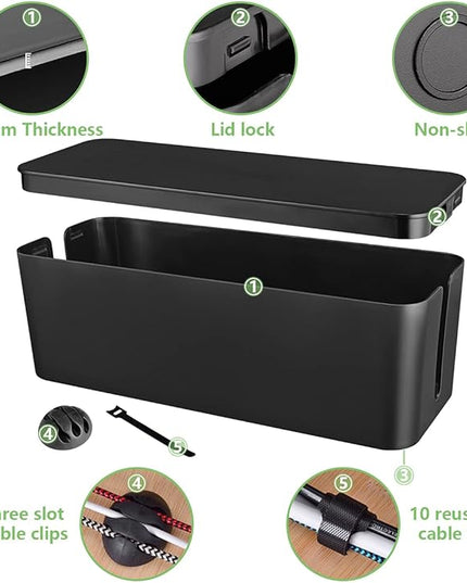Cable Management Box, Large Cord Organizer Box to Hide Power Strip & Under Desk,TV Computer Wires Cable Organizer Hider Box with Cable Clips&Reusable Cable Ties for Home/Office(Black)