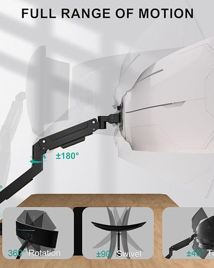 WALI Ultrawide Monitor Arm for 17-49 Inch Heavy Duty Curved Screens, Holds up to 44 Lbs, Adjustable Gas Spring Single Monitor Desk Mount with C-Clamp, Grommet Base, 75/100mm VESA, (GSM001XL), Black