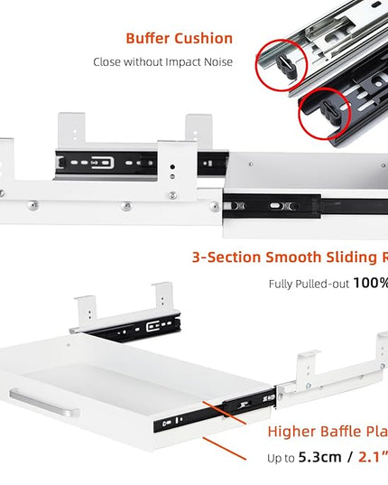 OSteed Under Desk Drawer Organizer 21" White Upgrade with Adjustable Brackets, Sliding Pull-Out Under Table Pencil Drawer, Office Standing Desk Attachment for Workbench