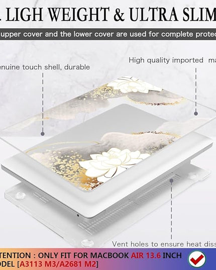 CISSOOK for MacBook Air 13.6 inch Case 2025 2024 2023 2022 Release Model M3 A3113 M2 A2681, Lotus Hard Shell Case Keyboard Cover for MacBook Air 13 M2 M3 M4 Chip, Charming Painting