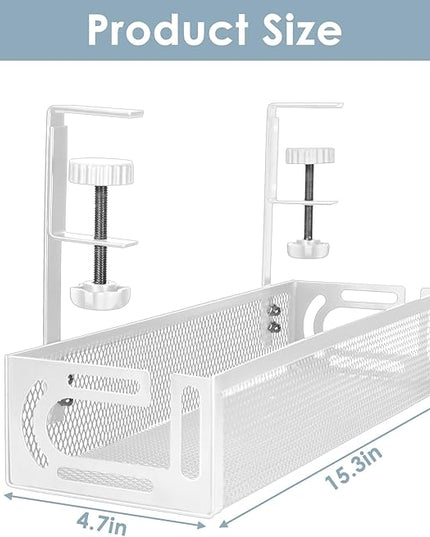 Under Desk Cable Management Tray, Cable Management Under Desk No Drill, Wire Management Tray with Clamp, Cord Organizer for Home Office, White