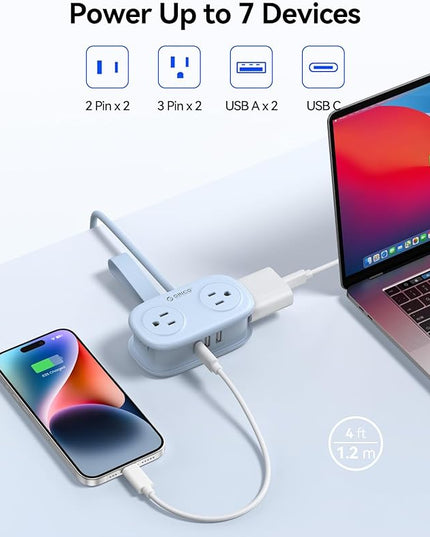 Travel Power Strip with USB C, ORICO 4 Outlets 3 USB Ports (1 USB C) with 4FT Wrapped Short Extension Cord Small Power Strip, Non Surge Protector for Travel, Cruise Ship-AP3