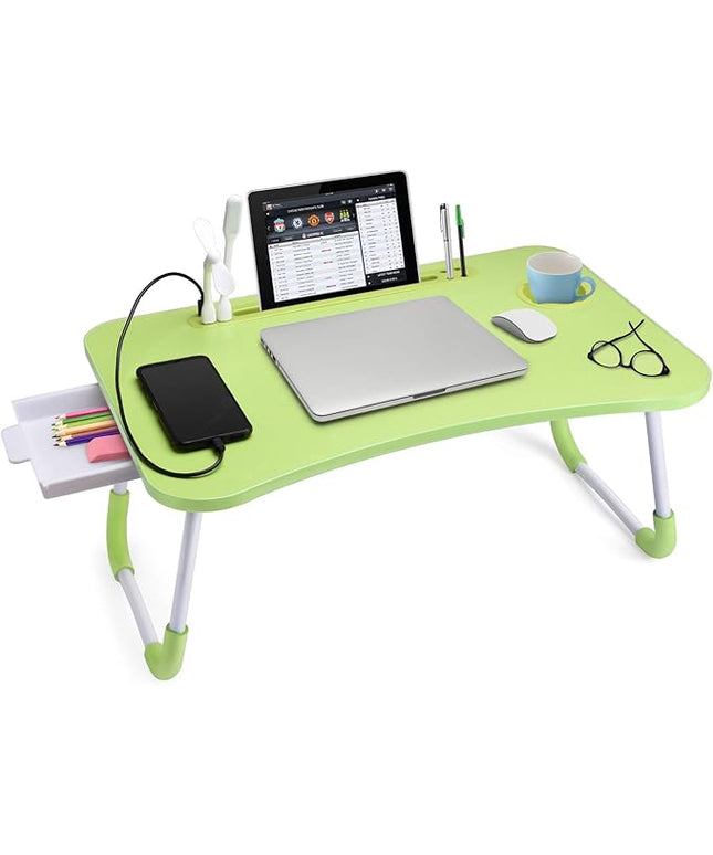 Slendor Lap Desk with Tablet Slot, Foldable Laptop Table with Storage Drawer for Bed，Portable Bed Desk for Laptop, Computer Tray with Cup Holder Notebook Stand Reading Holder for Couch Floor, Green